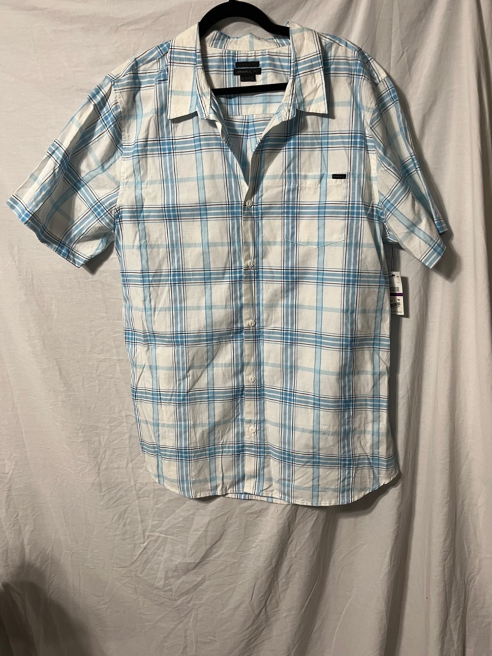 O'Neill White and Light Blue Plaid Short Sleeve Button-Down Shirt